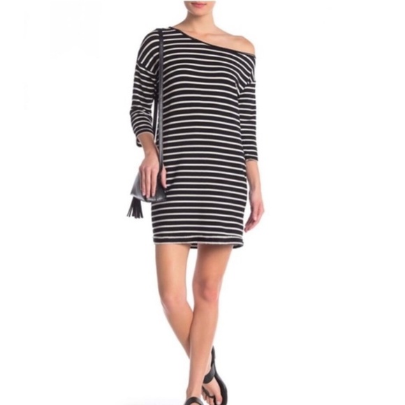 NWT SPLENDID OFF SHOULDER BLACK/WHITE STRIPE DRESS - Picture 1 of 6